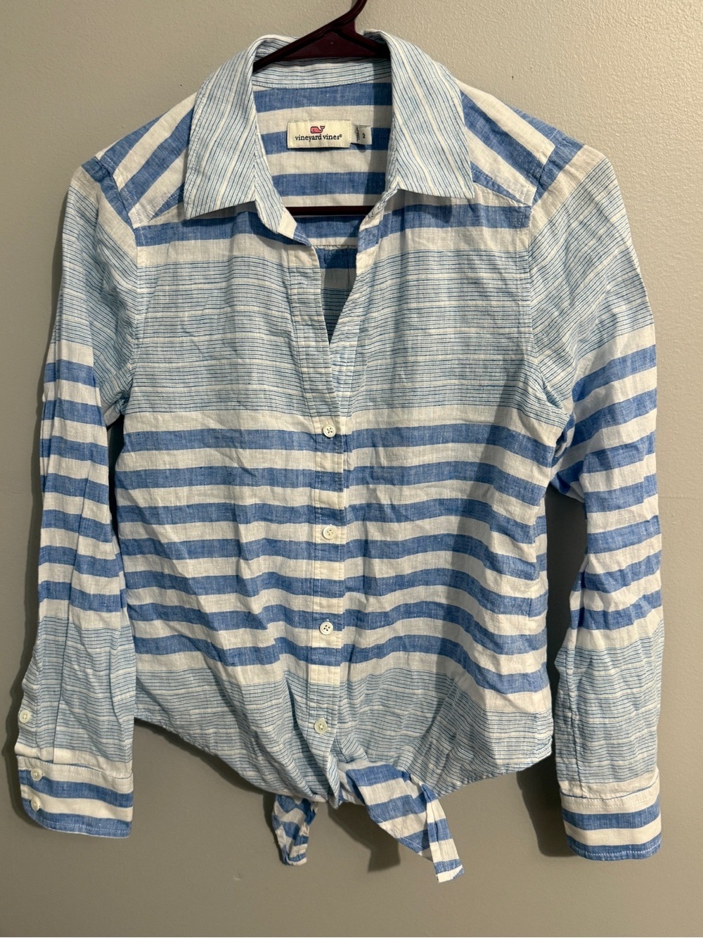 Vineyard Vines Top Womens 2 Button Up Tie Front Striped Linen Blend Preppy